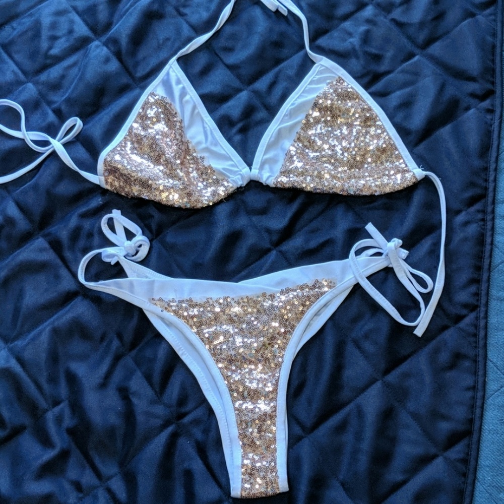 Gold sparkle and white bikini